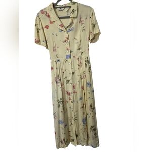 Vintage SGS Studio Sz10 Yellow Floral Button Shortsleeve Dress Rayon Cottagecore